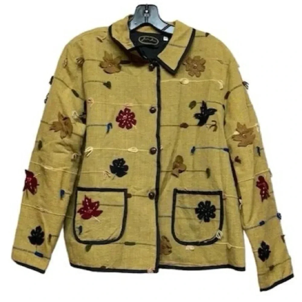 Vintage Allure Women's M Jacket 3D Embroidered Floral Folk Art Casual Fit